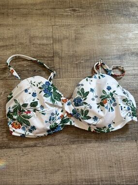 H&M White Floral Adjustable Bikini Top with Blue and Green Accents